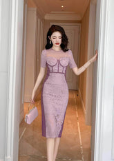 Short Sleeve Corset Laced Midi Dress S / Purple